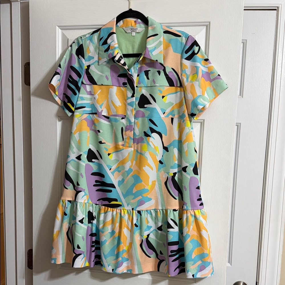 Crosby by Mollie Burch Colorful Short Sleeve Collared Ruffle Hem Pocket Dress